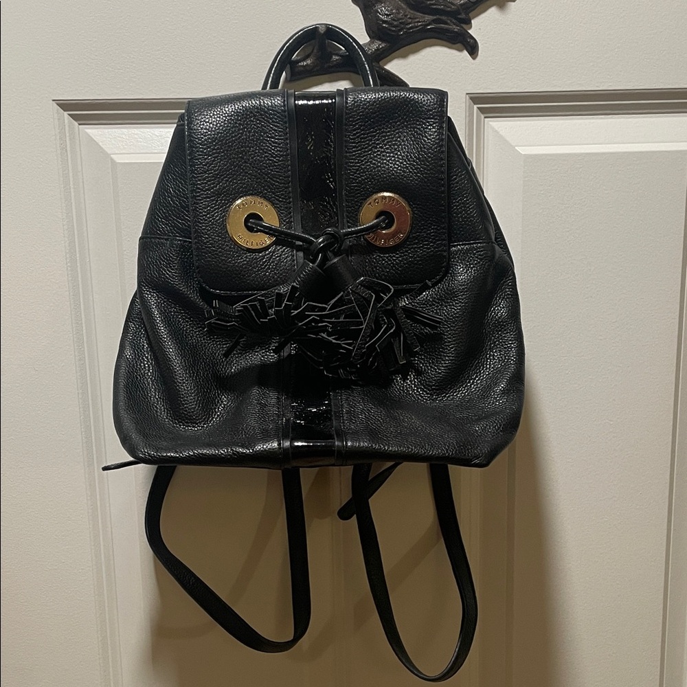 Tommy Hilfiger Black Leather Backpack with Gold Accents